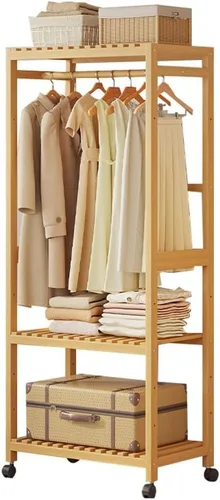 Vista 8 de Bamboo Wardrobe/Clothes Rail/Clothes Rack/Garment Rack,Free Standing Clothes Rail with Wheels,Open Wardrobe with Shelves,for Entryway Living Room
