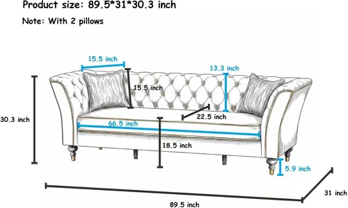 Vista 2 de Beige Velvet Chesterfield Sofa Set, 89.5" 3 Seater Couch for Living Room 2pcs Beige