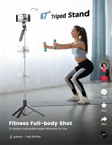 Vista 10 de Trípode para selfie stick de 67 pulgadas con luz, soporte de teléfono básico para iPhone y Samsung, trípode extensible todo en uno con control