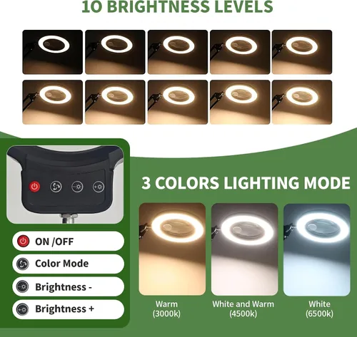 Vista 4 de Lupa 10X/20X con luz y soporte, lámpara LED de aumento de escritorio con base y abrazadera, 3 modos de color, lupa de escritorio de 10 niveles