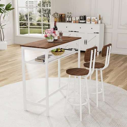Vista 4 de LUMISOL Juego de mesa de barra de 3 piezas con almacenamiento para 2, moderno juego de mesa de comedor de metal con 2 taburetes, ahorra espacio