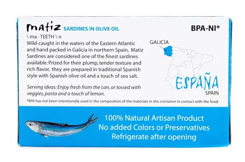 Vista 4 de Matiz Sardinas en Aceite de Oliva, Lata de 4.2 Onzas (Paquete de 5) Pescado Natural Silvestre Capturado Gourmet Español para Tapas, Aperitivos