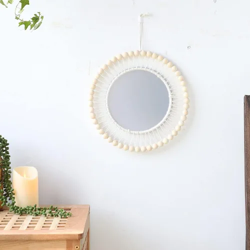 Vista 4 de Surakey Mini espejo redondo de pared con flecos bohemios macramé de 15.75 pulgadas, pequeño círculo de pared para colgar, espejo circular