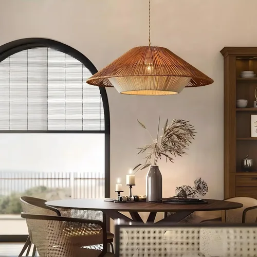 Vista 3 de LIGHTLAND Lámpara colgante de ratán bohemio de 19.7 pulgadas, araña tejida con cordel, lámpara tejida a mano estilo Wabi-sabi para comedor, isla