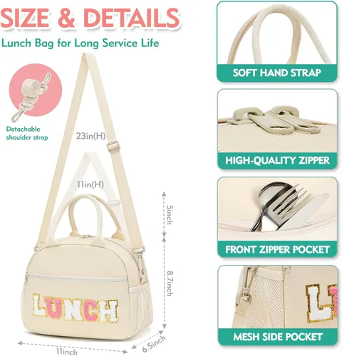 Vista 3 de Lonchera para niñas y mujeres, bonita bolsa de almuerzo preparada con letras de chenilla, bolsa de almuerzo aislada de gran capacidad con correa