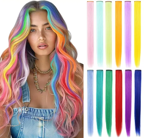 Vista 12 de Extensiones de cabello con clip de colores, 8 piezas de cabello sintético liso con reflejos azules y verde azulado