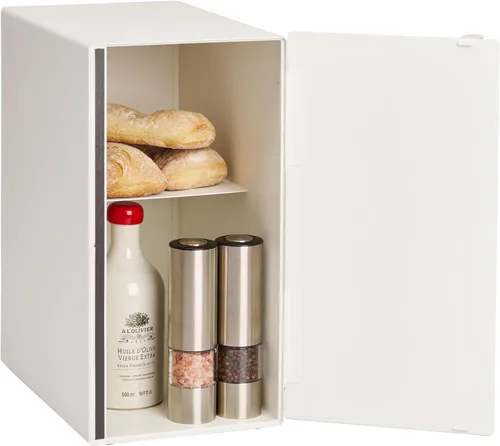 Vista 10 de YAMAZAKI Caja de Pan Moderna para el Hogar – Contenedor de Almacenamiento de Pan de Acero + Madera para Encimera, Caja de Pan Grande Blanca