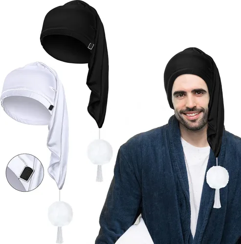 Vista 15 de Geyoga Gorro de dormir de noche de seda ajustable con cordón ajustable para hombre con bola de pompón para uso diario Negro