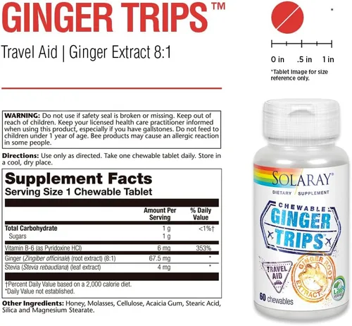 Vista 3 de SOLARAY Ginger Trips Travel Aid Extracto de raíz Apoyo digestivo saludable con miel, stevia y melaza 60 masticables