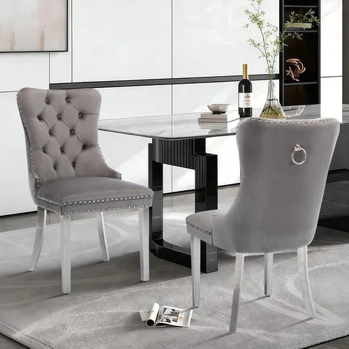 Vista 115 de Juego de 2 sillas de comedor de terciopelo con patas de madera, color beige Mid Century Modern Dining Chairs,Upholstered Chairs with Nailhead