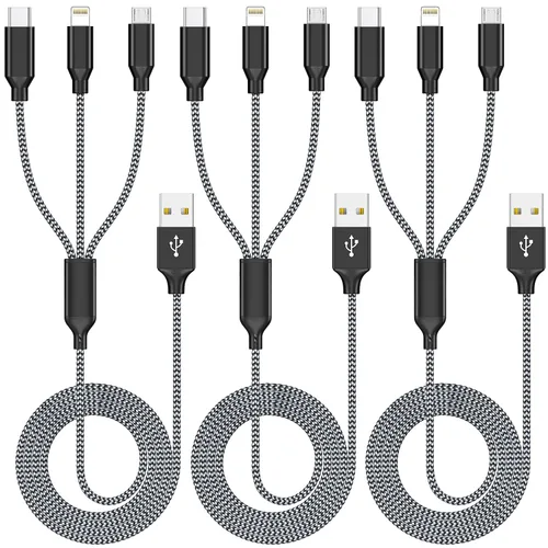 Vista 12 de Cable de carga múltiple de 10 pies, paquete de 2 cables de carga 3 en 1, cable largo de nailon trenzado rápido, cable de carga USB, cable de carga