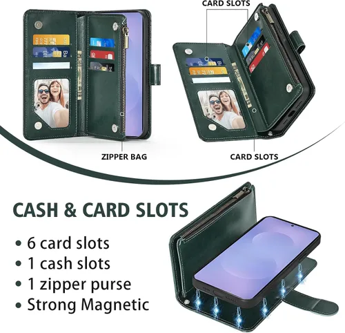 Vista 4 de Asuwish Funda de teléfono para Samsung Galaxy S26 5G con cremallera, magnética, desmontable, con protector de pantalla de vidrio templado, correa