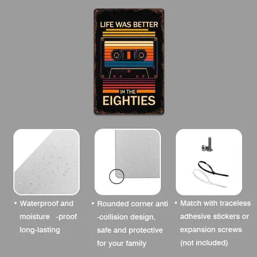 Vista 7 de Retro 80'S Cassette Tape "Life Was Better In The Eighties" Metal Sign Funny Poster Sign 8x12 Inch Vintage Aluminum Metal Tin Signs-For Living