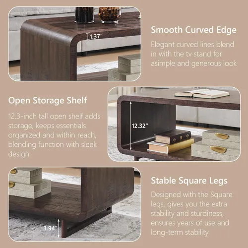 Vista 6 de IFGET Mesa de Centro Moderna de 48", Mesa Central Minimalista de 2 Niveles con Estante de Almacenamiento, Diseño de Perfil Curvo, Mesa Rectangular