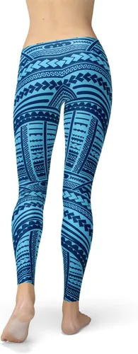 Vista 5 de Satori_Stylez Maori Tattoo Leggings para mujer Ta Moko Tribal Polinesio Estampado Mediados Cintura Azul Pantalones