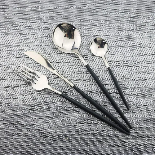 Vista 3 de JASHII Juego de cubiertos negros y plateados, cubiertos de acero inoxidable con acabado satinado, 20 piezas, utensilios de cocina, cubiertos pulidos