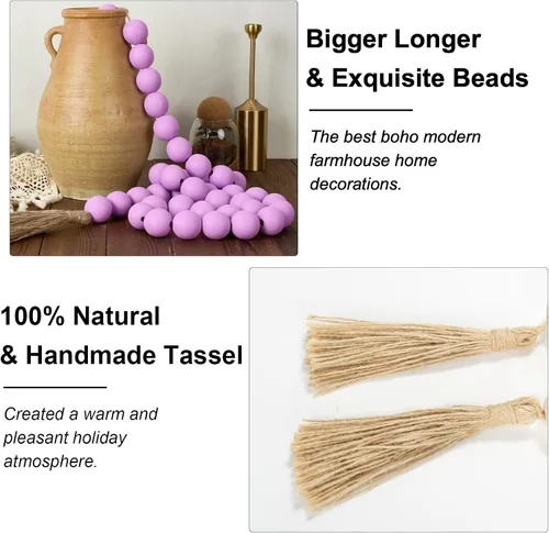 Vista 61 de OMISHE Guirnalda de cuentas de madera extra grande con cuentas de madera y borlas de 1.6 pulgadas de diámetro, cuentas decorativas rústicas de 41