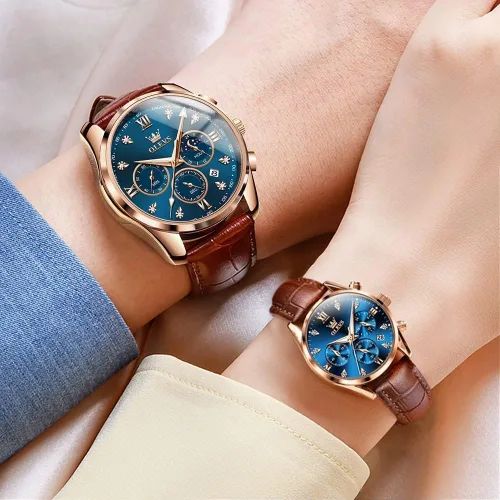 Vista 22 de OLEVS Juego de 2 relojes de cuarzo para parejas de San Valentín, para él y ella, cronógrafo de cuero, con diamantes para hombres, mujeres, amantes