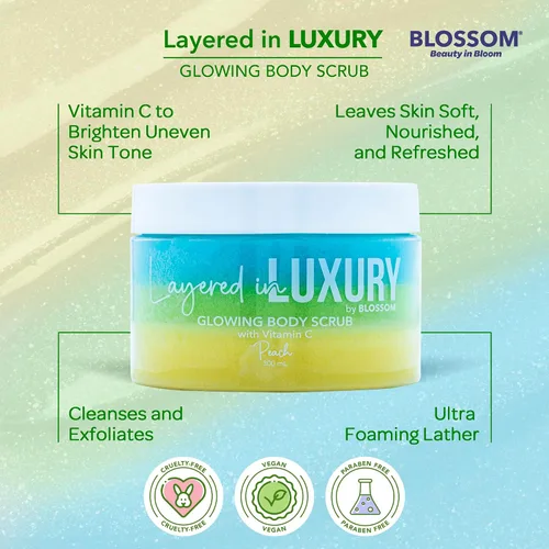 Vista 5 de Blossom Capa de espuma perfumada brillante de lujo, exfoliante corporal con vitamina C iluminadora para la piel, sin crueldad, 10.1 fl oz, melocotón