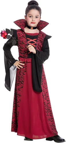 Vista 2 de Fooecor Disfraz de vampiro de Halloween para niñas, vestido de vampiro real para niños, conjunto de lujo con kit de maquillaje