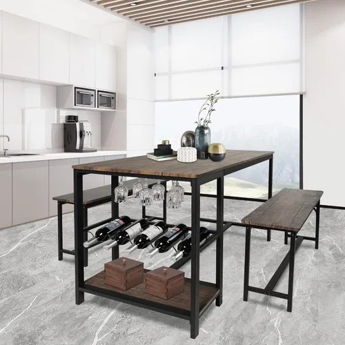 Vista 2 de Juego de mesa de comedor rectangular marrón rústico de 3 piezas con banco, 55 pulgadas de largo x 25.2 pulgadas de ancho, juego de comedor moderno