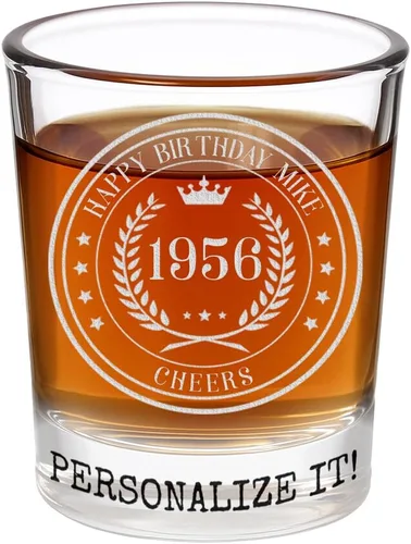 Vista 7 de Spotted Dog Company Vaso de chupito grabado vintage de 1956 de 2.5 onzas – Regalos de feliz cumpleaños 70 para hombres y mujeres, saludos a cumplir