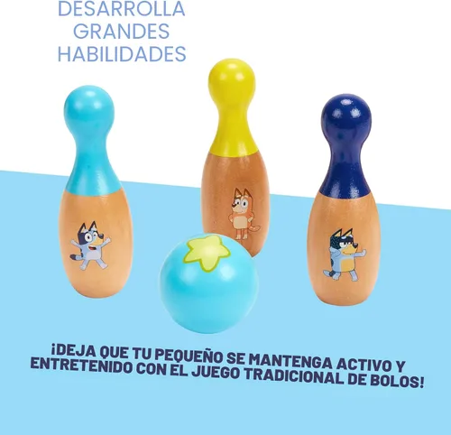 Vista 5 de Bluey Juego de Bolos de Madera – Juego de Bolos con 6 Pines de Bolos de Madera con Personajes, Juguete Duradero para Niños de 3+ Años, Juego