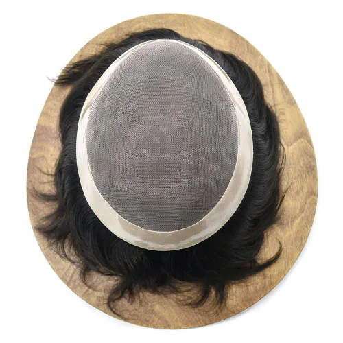 Vista 7 de LYRICAL HAIR Peluca de cabello humano de encaje mono fino para hombre, piel de polietileno sintético alrededor del sistema de cabello, peluca
