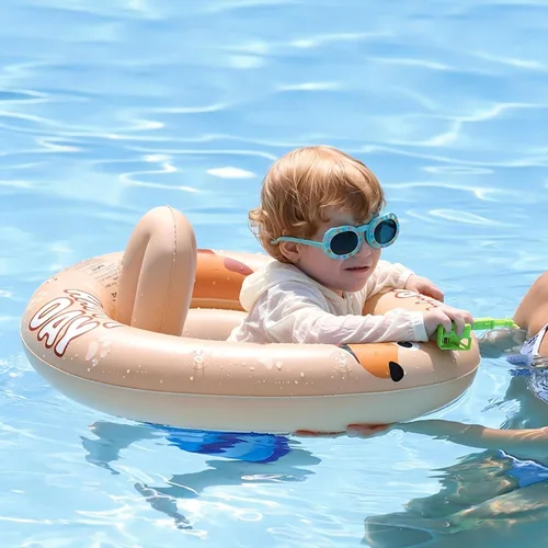 Vista 8 de Flotador inflable de natación para bebé con asiento seguro y toldo para niños de 6 a 36 meses beige dog