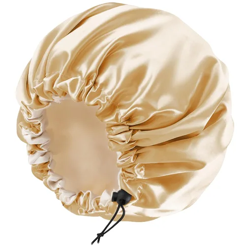 Vista 26 de Gorro de seda de satén para cabello rizado, gorro trenzado para dormir, para mujer, grande, doble capa ajustable (2 unidades, negro) Double Layer