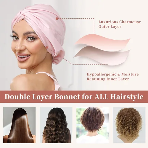 Vista 41 de Gorro de satén de seda ajustable para envolver el cabello para dormir, gorro de dormir de doble capa, turbante nocturno para cabello largo y rizado