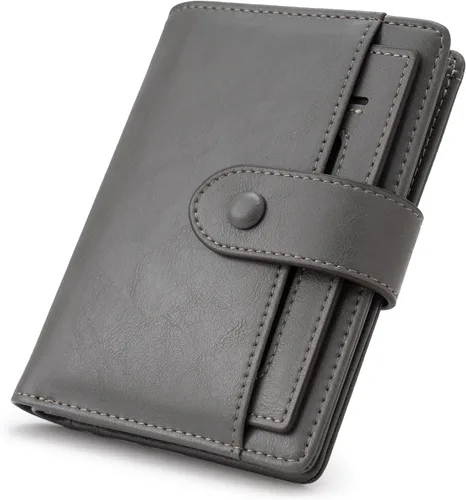 Vista 7 de Alldaily Cartera pequeña de piel con bloqueo RFID para mujer, plegable con 10 ranuras para tarjetas y bolsillo con cremallera, Negro, Pequeña
