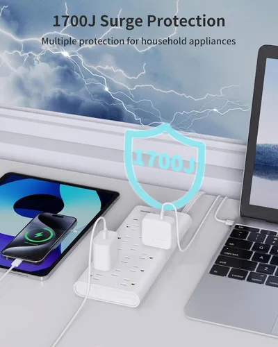 Vista 7 de Regleta de alimentación con protector de sobretensión, extensor de toma y 14 enchufes y 4 puertos USB (2 USB C), cable de extensión de 10 pies
