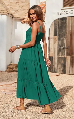Vista 6 de Vestido largo de verano para mujer de PRETTYGARDEN, casual, bohemio, sin mangas, con tirantes delgados, fruncido, para playa, para el sol.