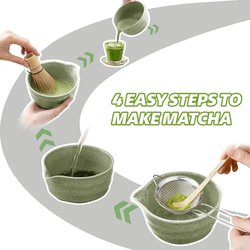 Vista 13 de Juego de batidor de matcha, cuenco de cerámica de 17 onzas con boquilla, cuchara de bambú y tamiz inoxidable, kit de 5 piezas de matcha verde jade