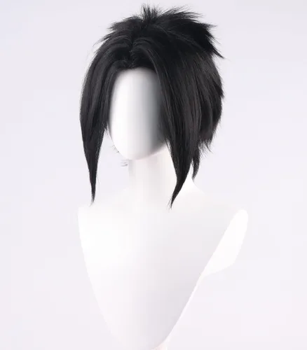 Vista 3 de Peluca negra corta y esponjosa para cosplay, Widow's Peak Bang (no estilizada)