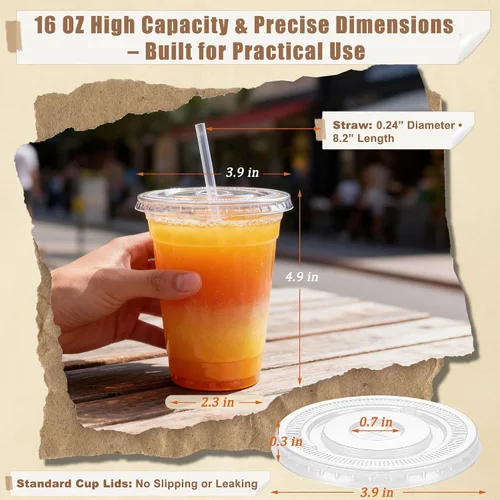 Vista 2 de Zcaukya Paquete de 100 vasos de plástico de 16 onzas con tapas y pajitas, vasos transparentes desechables para café helado, refrescos, batidos