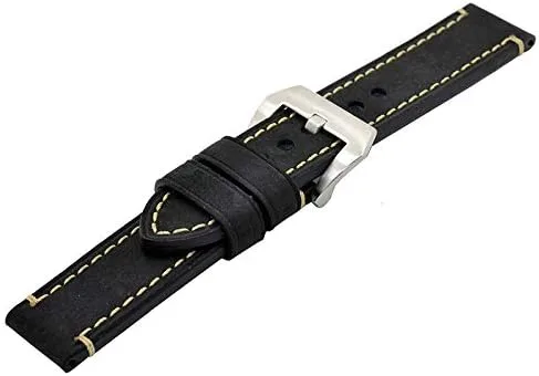 Vista 4 de Correa de reloj de pulsera de cuero genuino negro de 0.866in con hebilla de acero inoxidable para hombre