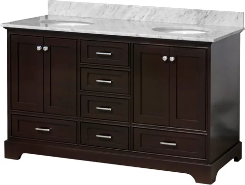 Vista 5 de Kitchen Bath Collection Harper tocador de baño doble de 60 pulgadas (chocolate/carrara): incluye gabinete de chocolate con encimera de mármol
