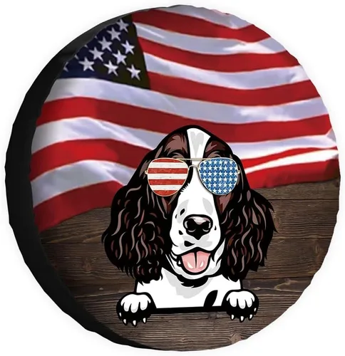 Vista 21 de Cubierta de neumático de repuesto para perro salchicha con gafas de sol con bandera de Estados Unidos, fundas protectoras de ruedas a prueba