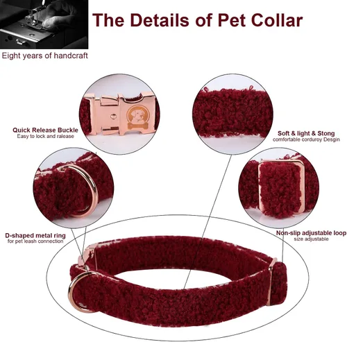 Vista 3 de MR. CHUBBYFACE - Collar para perro de forro polar burdeos, collar de forro polar navideño para mascotas con hebilla de metal, collares ajustables