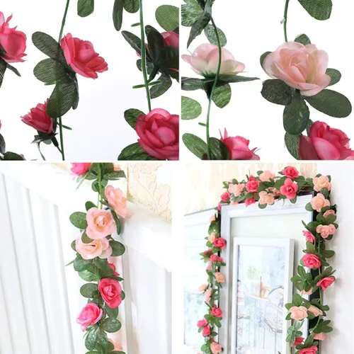 Vista 3 de Flores de rosas falsas, paquete de 2 flores artificiales de 8.2 pies, guirnalda de flores colgantes para habitación, hogar, hotel, oficina, boda