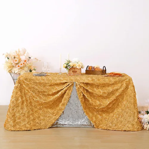 Vista 2 de QueenDream Mantel de roseta dorada de 90 x 132 pulgadas, mantel floral rústico para bodas, fiestas de cumpleaños, eventos y decoración