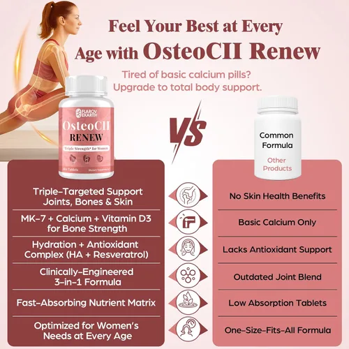 Vista 6 de Suplementos articulares para mujeres OsteoCII Renew Triple Strength - Fórmula avanzada para articulaciones, huesos y piel - colágeno, glucosamina