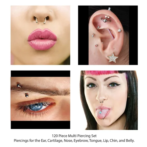Vista 8 de BodyJ4You 120 piezas de piercings corporales, joyería aleatoria, tratamiento de golpes CBR BCR anillos barras curvadas Piercing para ombligo