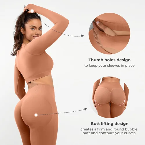 Vista 2 de Cosmolle Workout Long Sleeve Outfits for Women Tummy Control Gym Outfit 2 Piece Set Yoga High Waist Leggings Ribbed Seamless