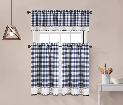 Vista 5 de Decotex Juego de 3 cortinas y cenefa de cocina con adornos de encaje de ganchillo a cuadros de búfalo