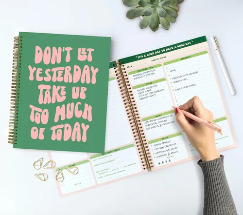 Vista 4 de THiNKABLE Undated Daily Planner Notebook 8.5x11, Cute Notebook, Pink Green To Do List Large Hardcover Spiral Schedule Planner, Inspirational Quote
