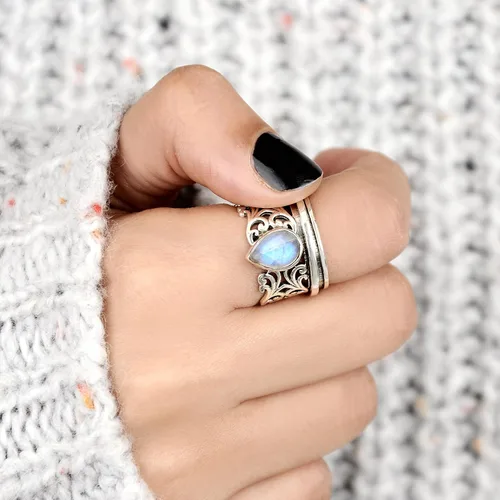 Vista 3 de Boho-Magic Anillo giratorio de piedra lunar para mujer, plata de ley 925