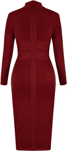 Vista 4 de whoinshop - Vestido de fiesta para mujer, de tela acanalada ceñida con correas cruzadas en la cintura, manga larga, a media pierna, entallado
